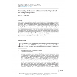 Overcoming Recklessness in Finance and the Urgent Need for Strengthening Ethics