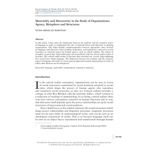 Materiality and Discursivity in the Study of Organizations: Agency, Metaphors and Structures